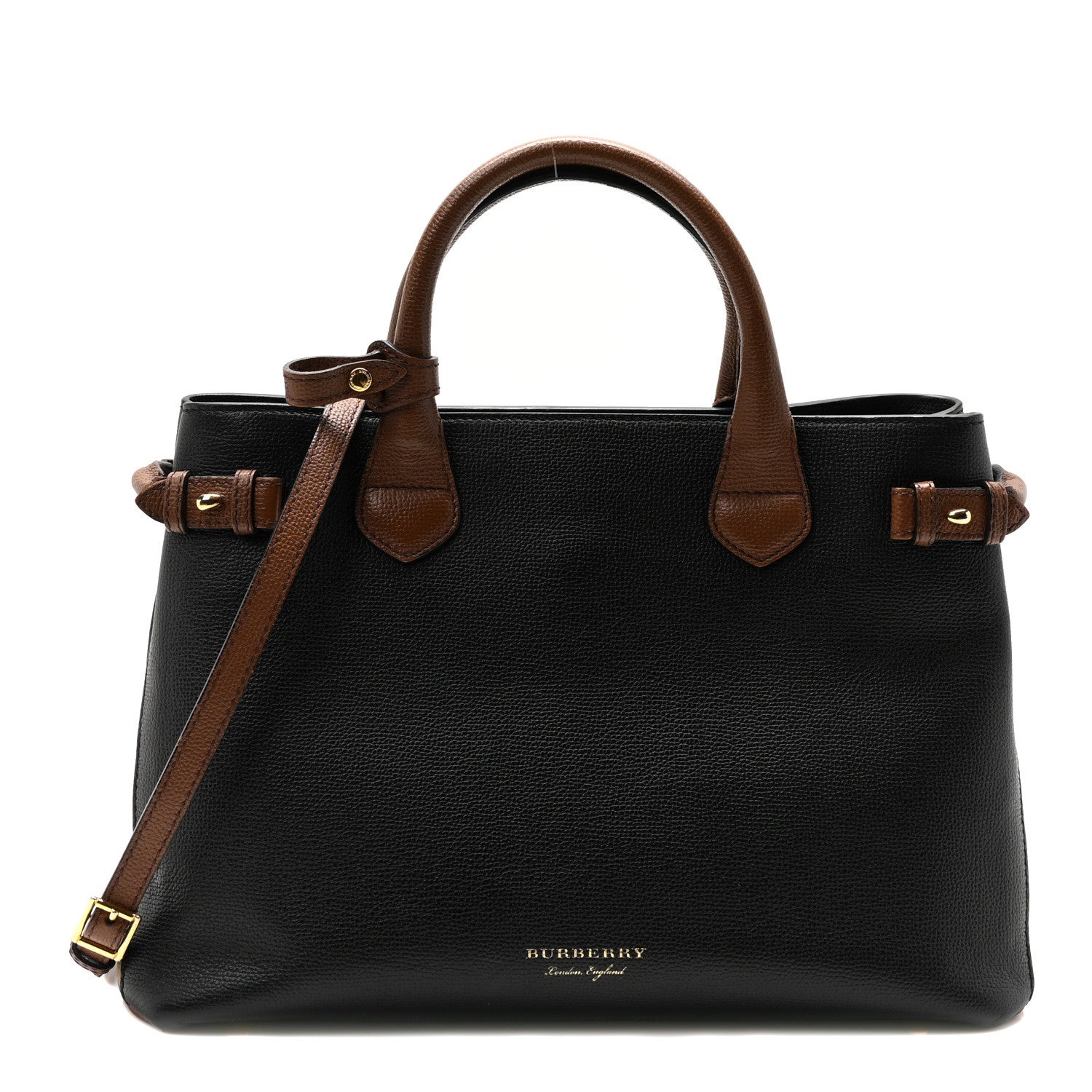 Burberry Grainy Calfskin House Check Two Tone Medium Banner Tote Black Brown 1 of 10
