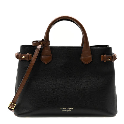 Burberry Grainy Calfskin House Check Two Tone Medium Banner Tote Black Brown 1 of 10
