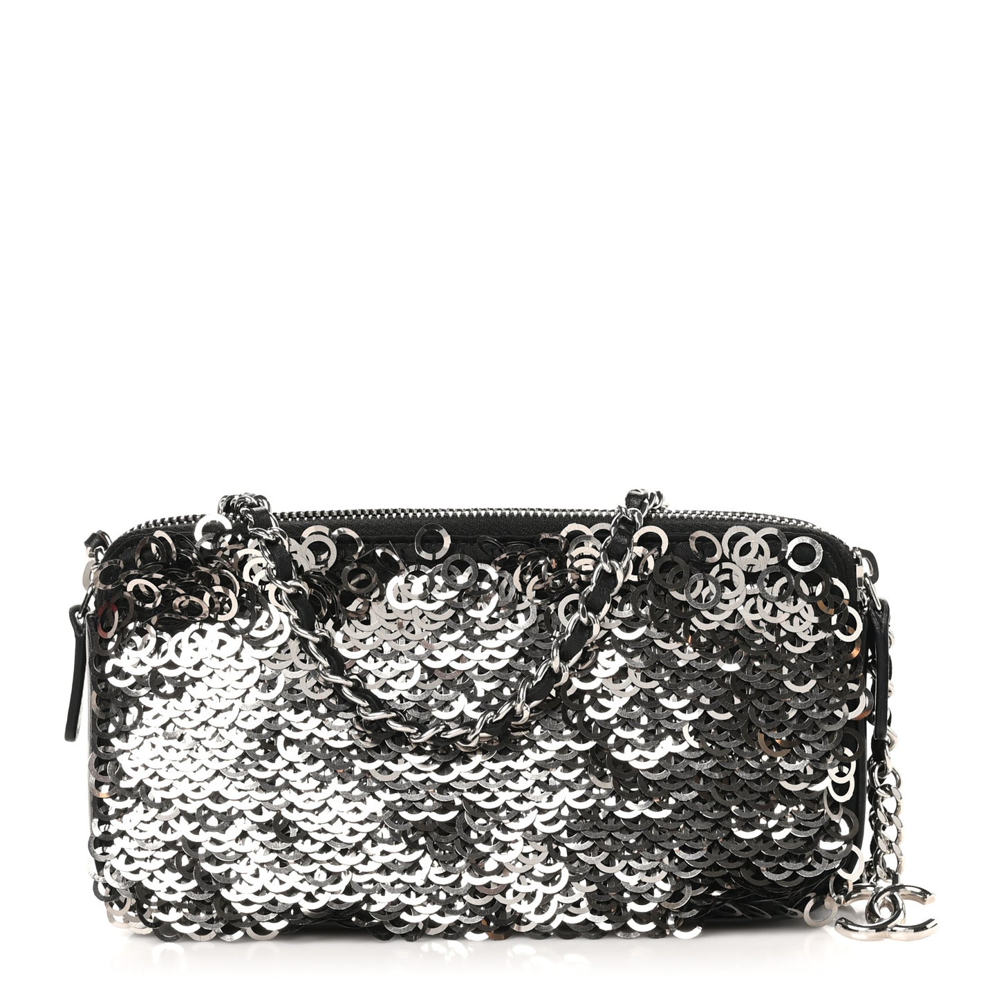 Sequin Lambskin Summer Night Clutch With Chain  Black Silver