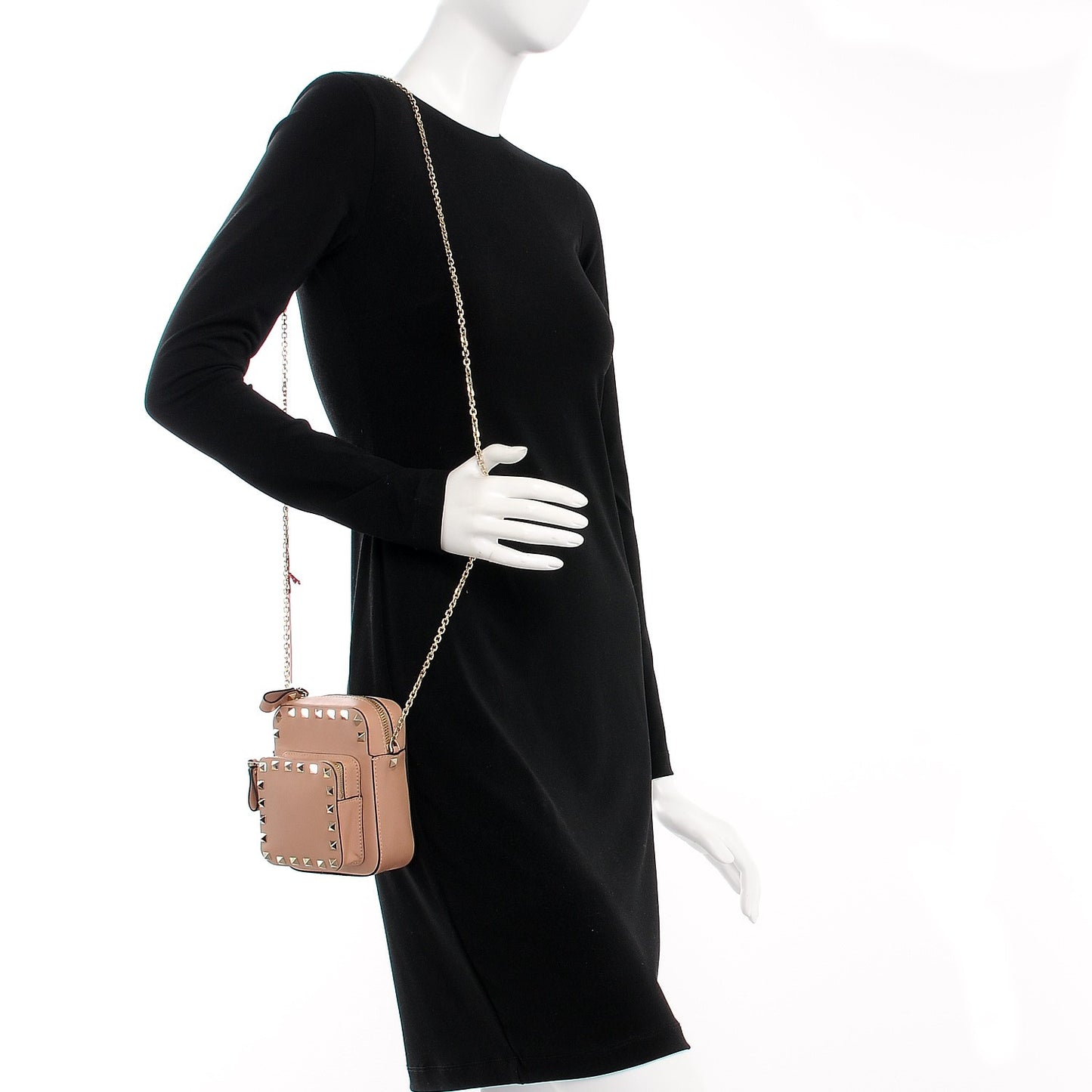 Calfskin Rockstud Double Pocket Chain Crossbody Bag Soft Noisette