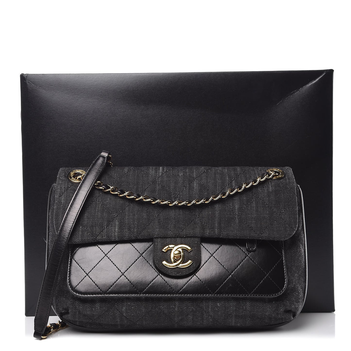 Denim Calfskin Quilted Small Flap Black