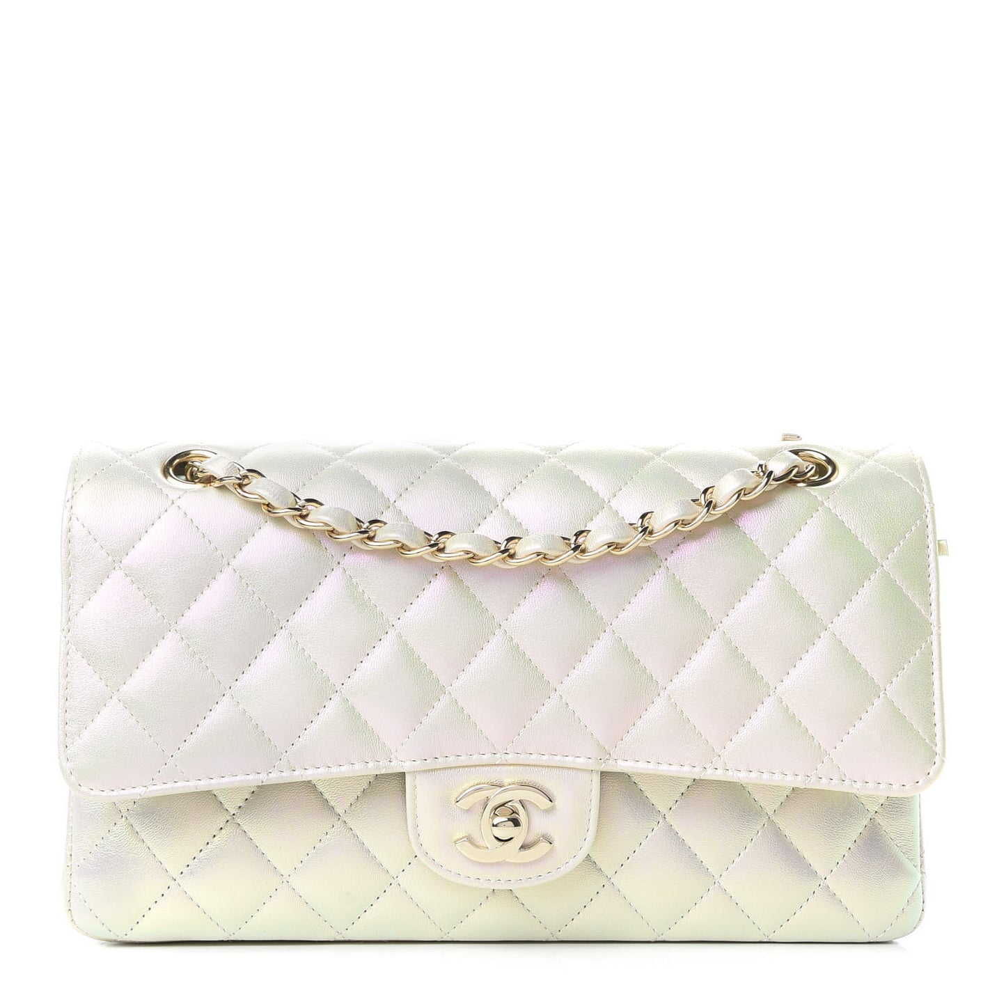 Iridescent Lambskin Quilted Medium Double Flap Ivory