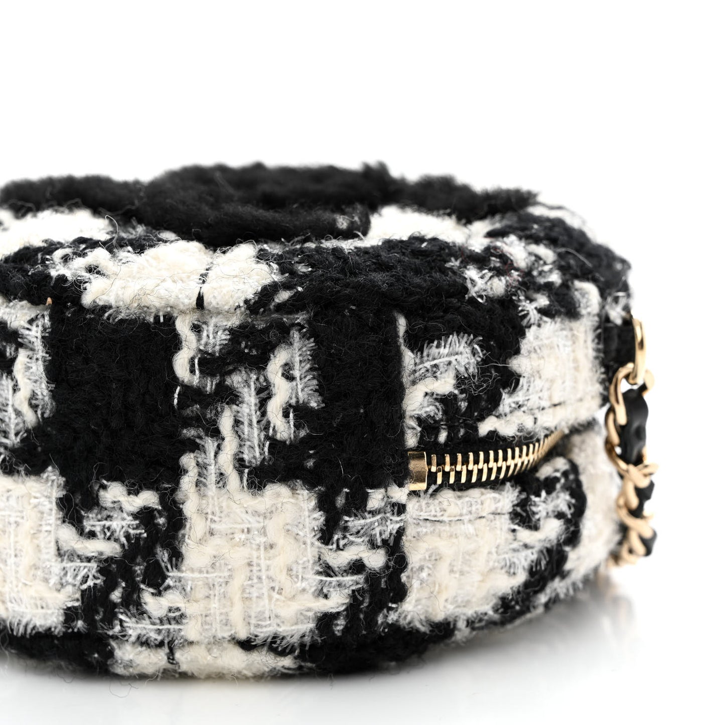Tweed Shearling Round Clutch With Chain and Coin Purse Black and White