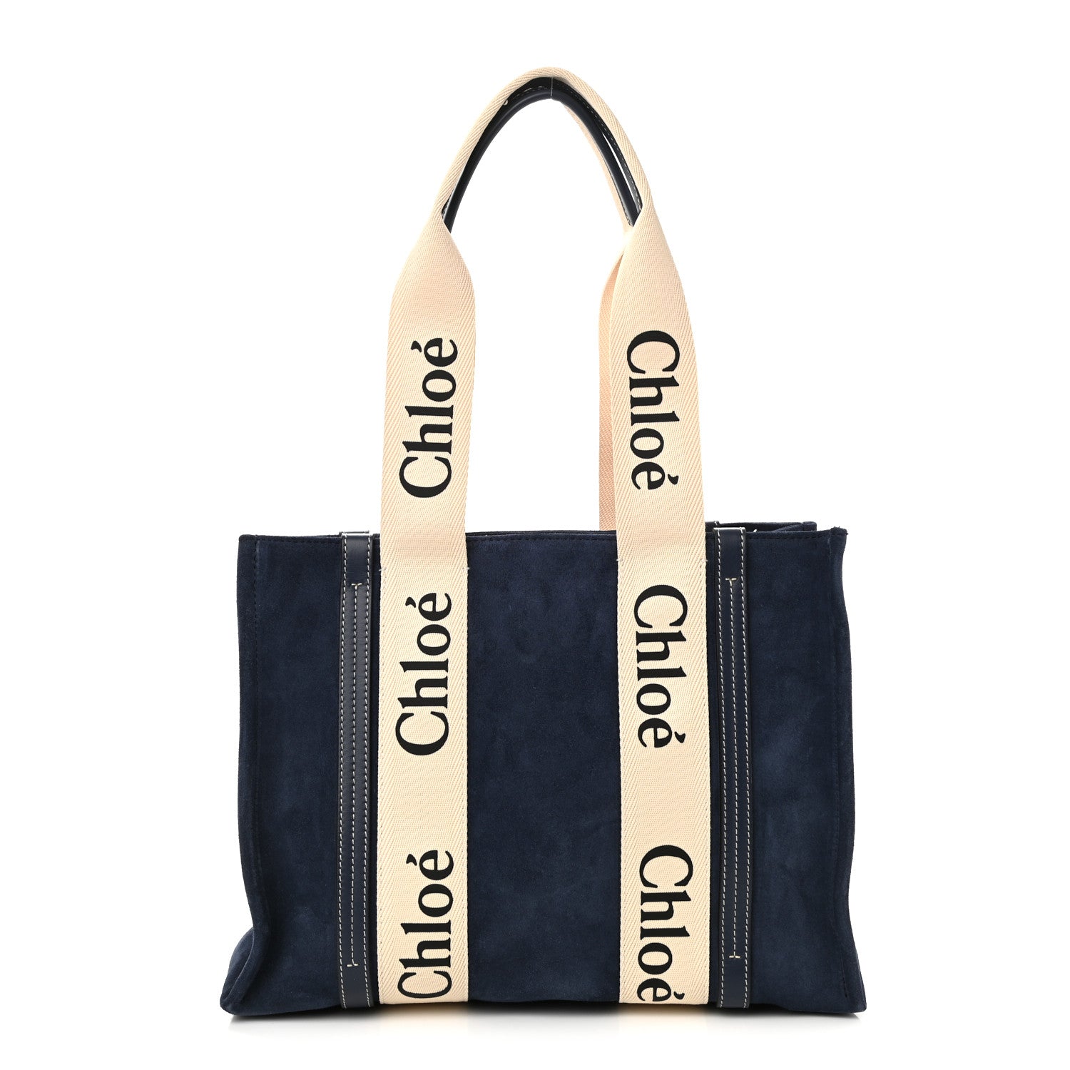 Chloe Suede Calfskin Medium Woody Ribbon Tote Navy 1 of 8