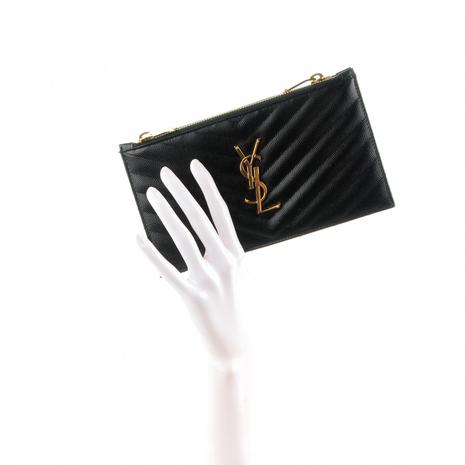 Saint Laurent Grain De Poudre Matelasse Chevron Monogram Double Zip Wallet Black 2 of 7