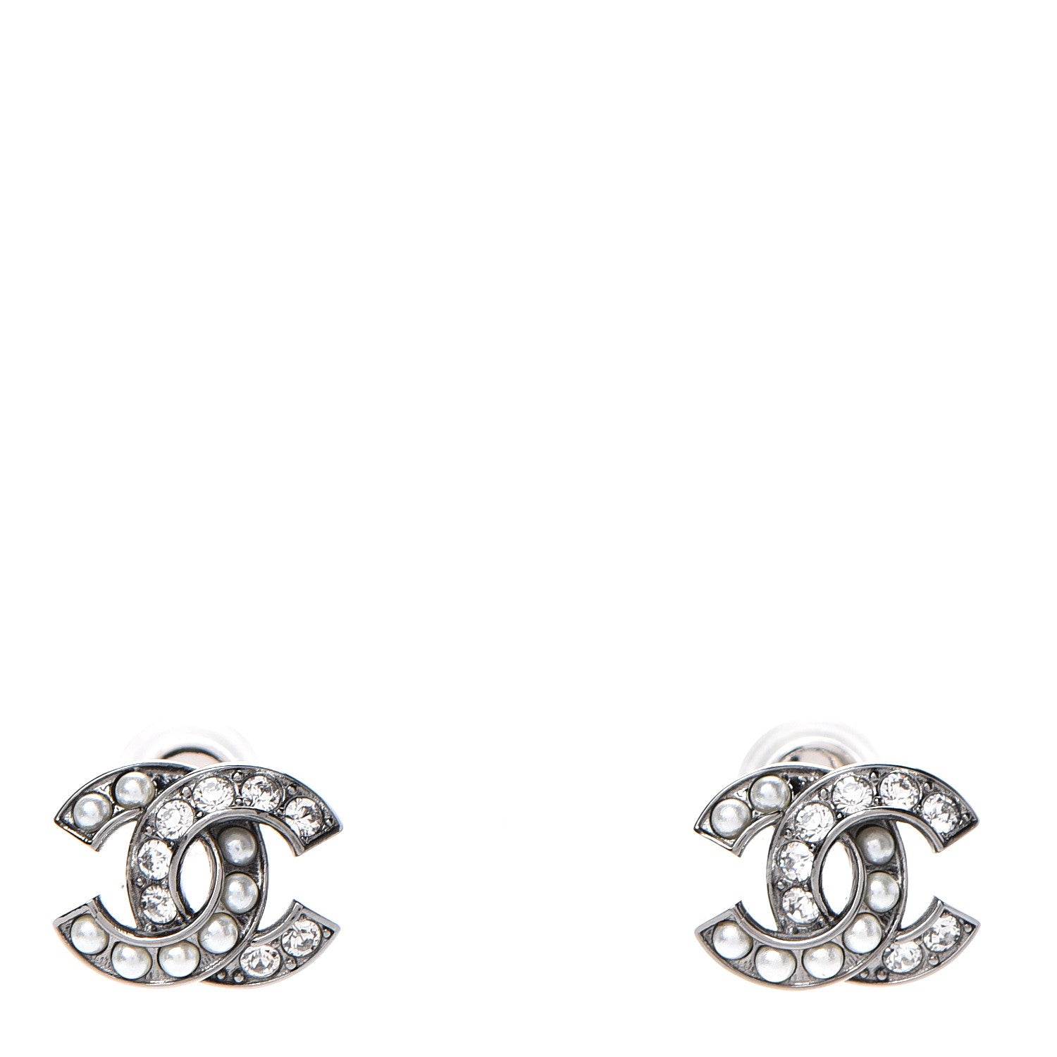 Chanel Pearl Crystal CC Earrings Ruthenium 1 of 5