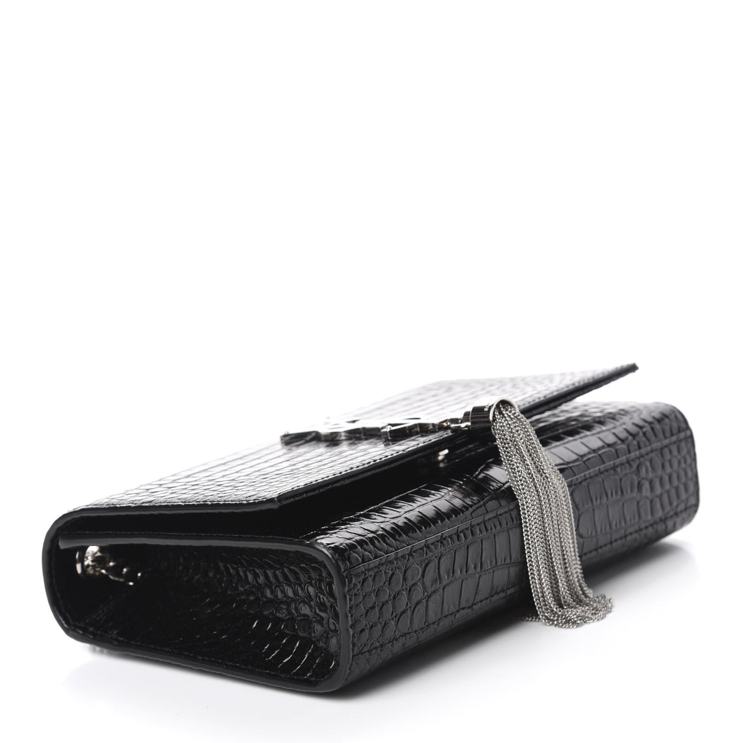 Calfskin Crocodile Embossed Small Classic Monogram Kate Tassel Satchel Black