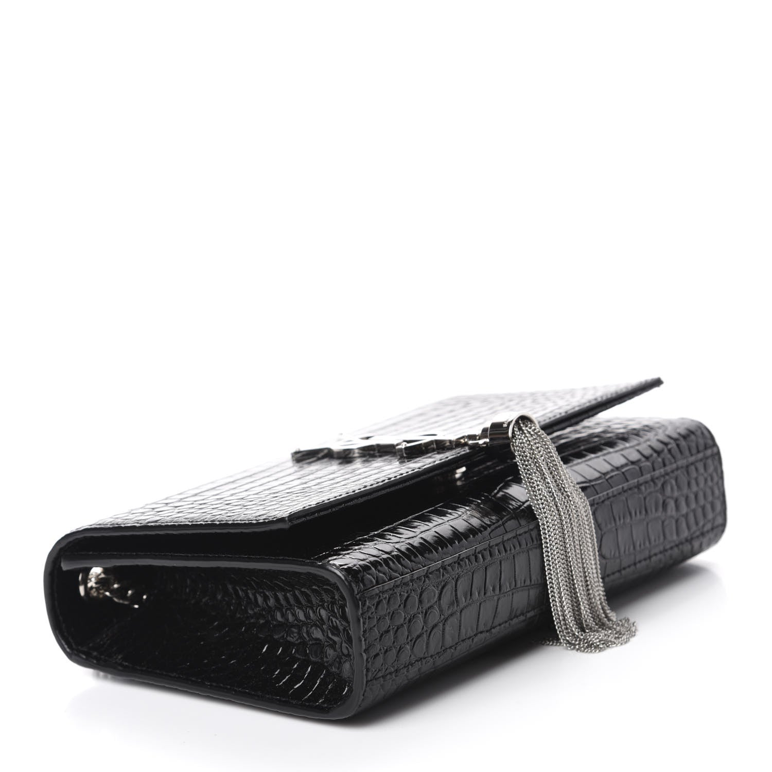 Saint Laurent Calfskin Crocodile Embossed Small Classic Monogram Kate Tassel Satchel Black 4 of 10