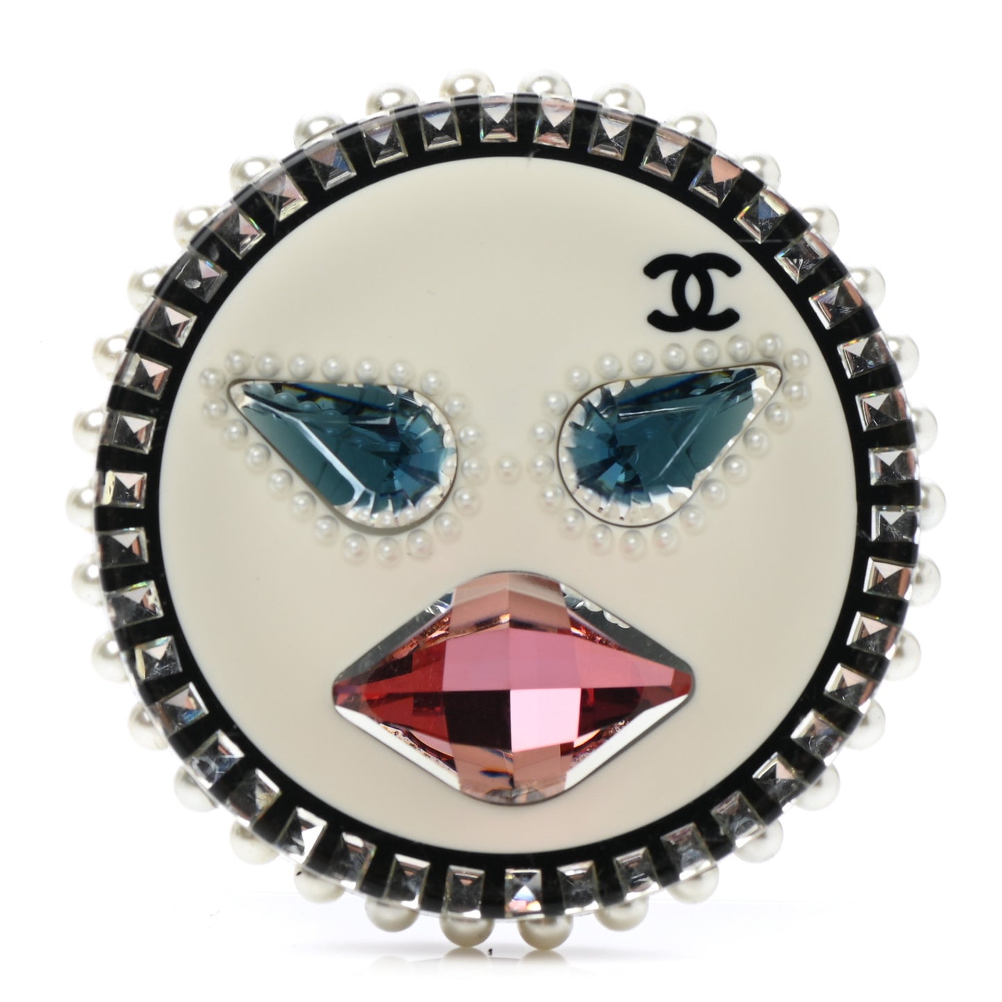 Metal Resin Pearl Emoji Brooch Silver White