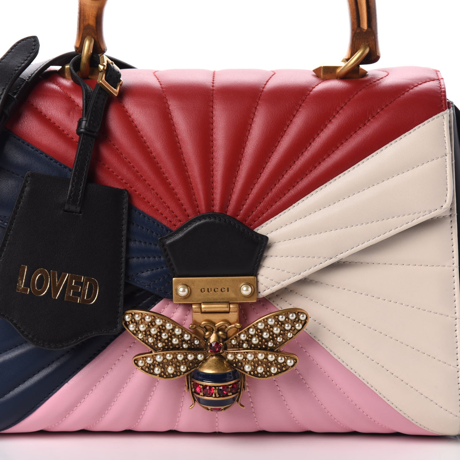Gucci Calfskin Bamboo Trapuntata Queen Margaret Top Handle Bag Blue Agata Hibiscus Red Mystic White Sugar Pink 7 of 7