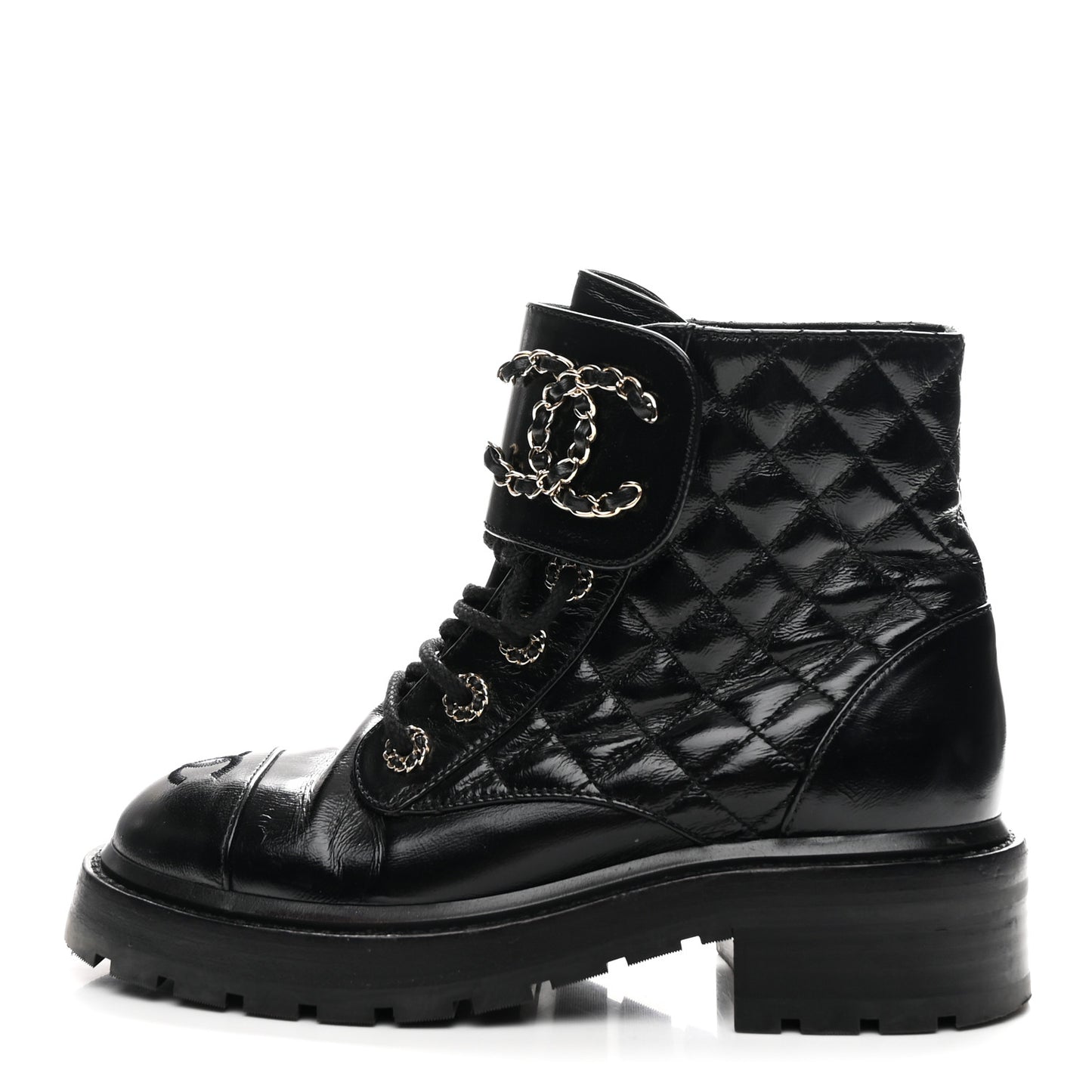 Shiny Calfskin Quilted Lace Up Combat Boots 36 Black