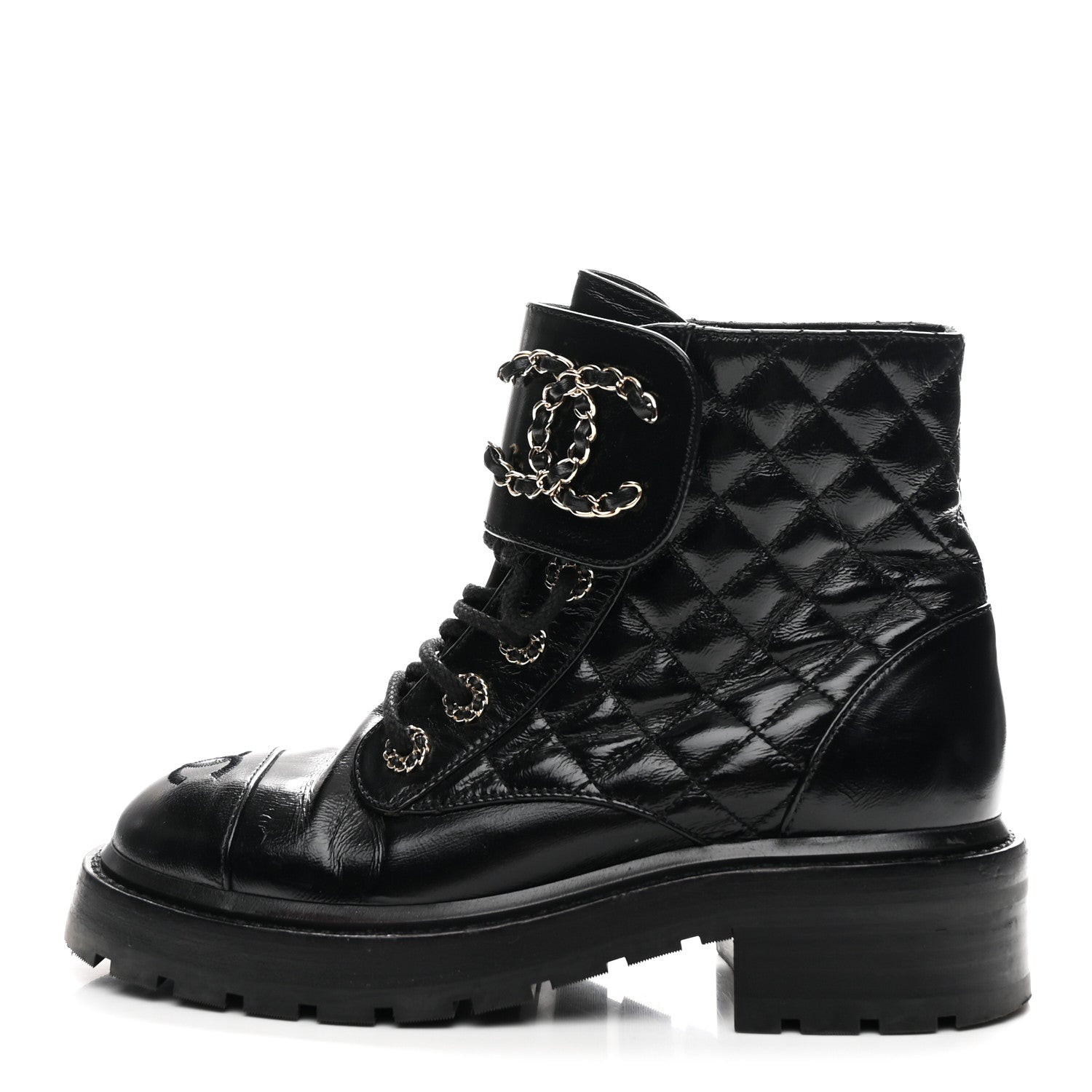 Chanel Shiny Calfskin Quilted Lace Up Combat Boots 36 Black 1 of 10