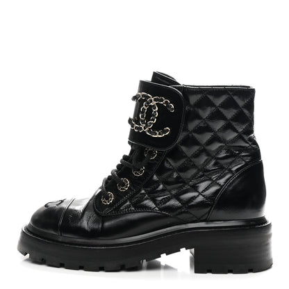 Chanel Shiny Calfskin Quilted Lace Up Combat Boots 36 Black 1 of 10