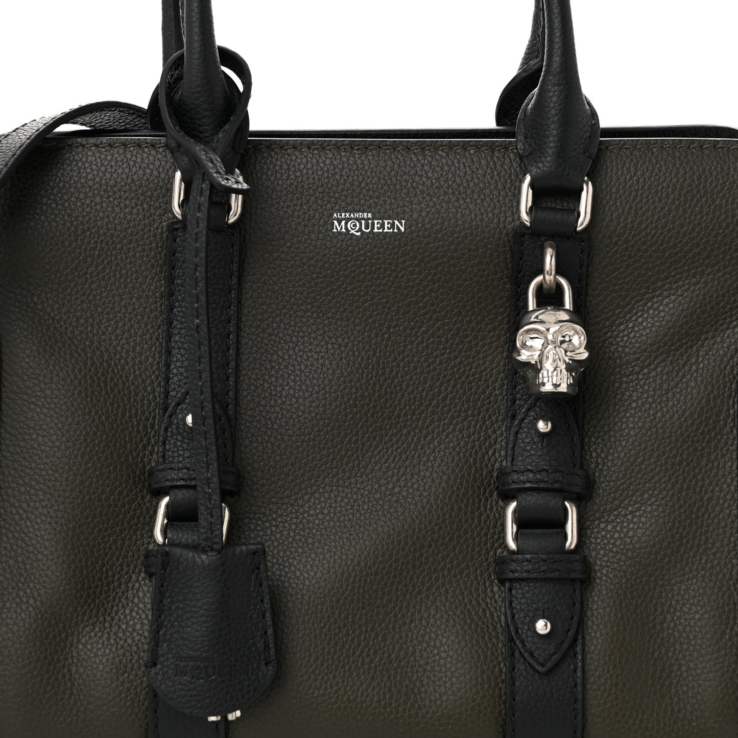 Pebbled Calfskin Small Skull Padlock Zip Around Tote Military Green Black