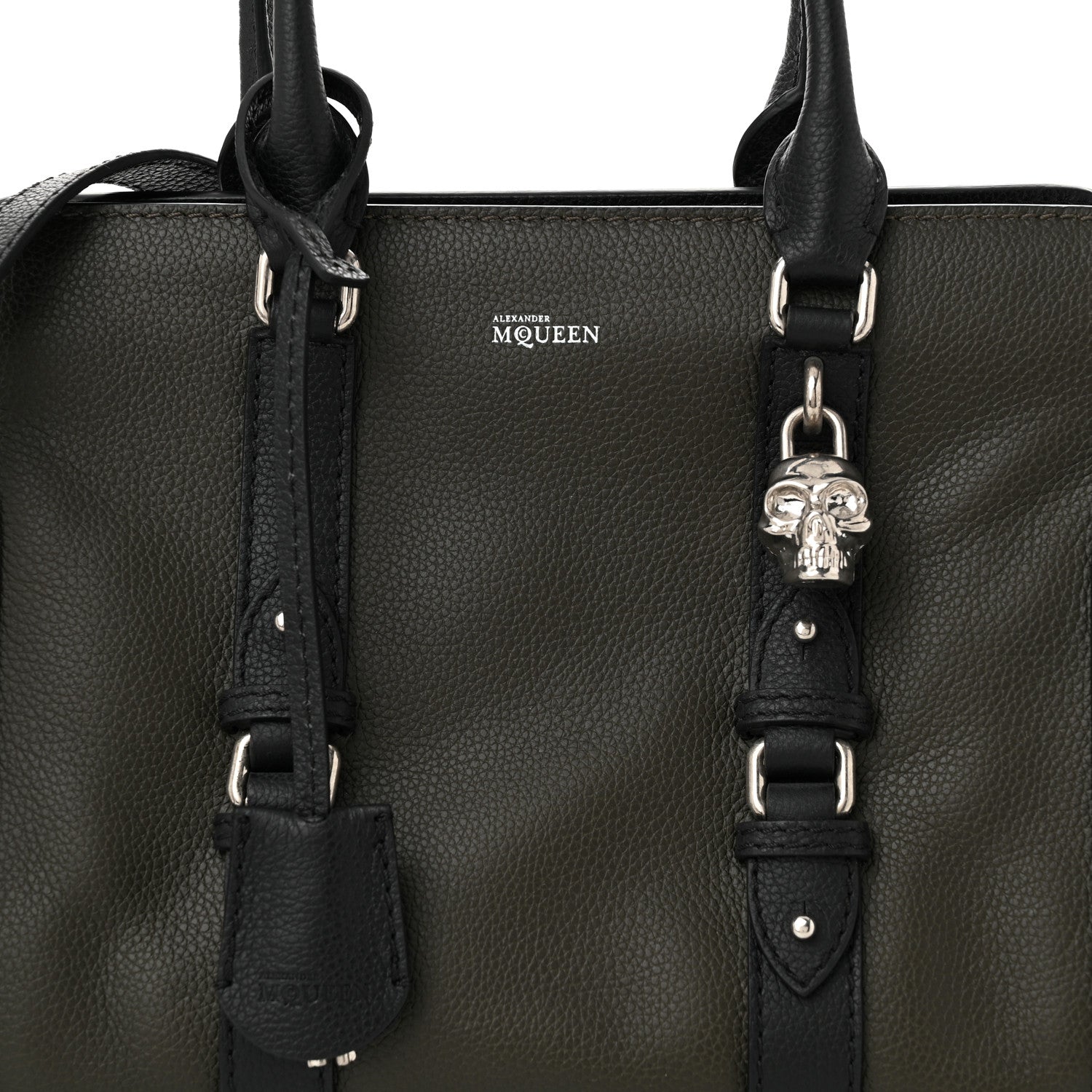 Alexander McQueen Pebbled Calfskin Small Skull Padlock Zip Around Tote Military Green Black 8 of 10