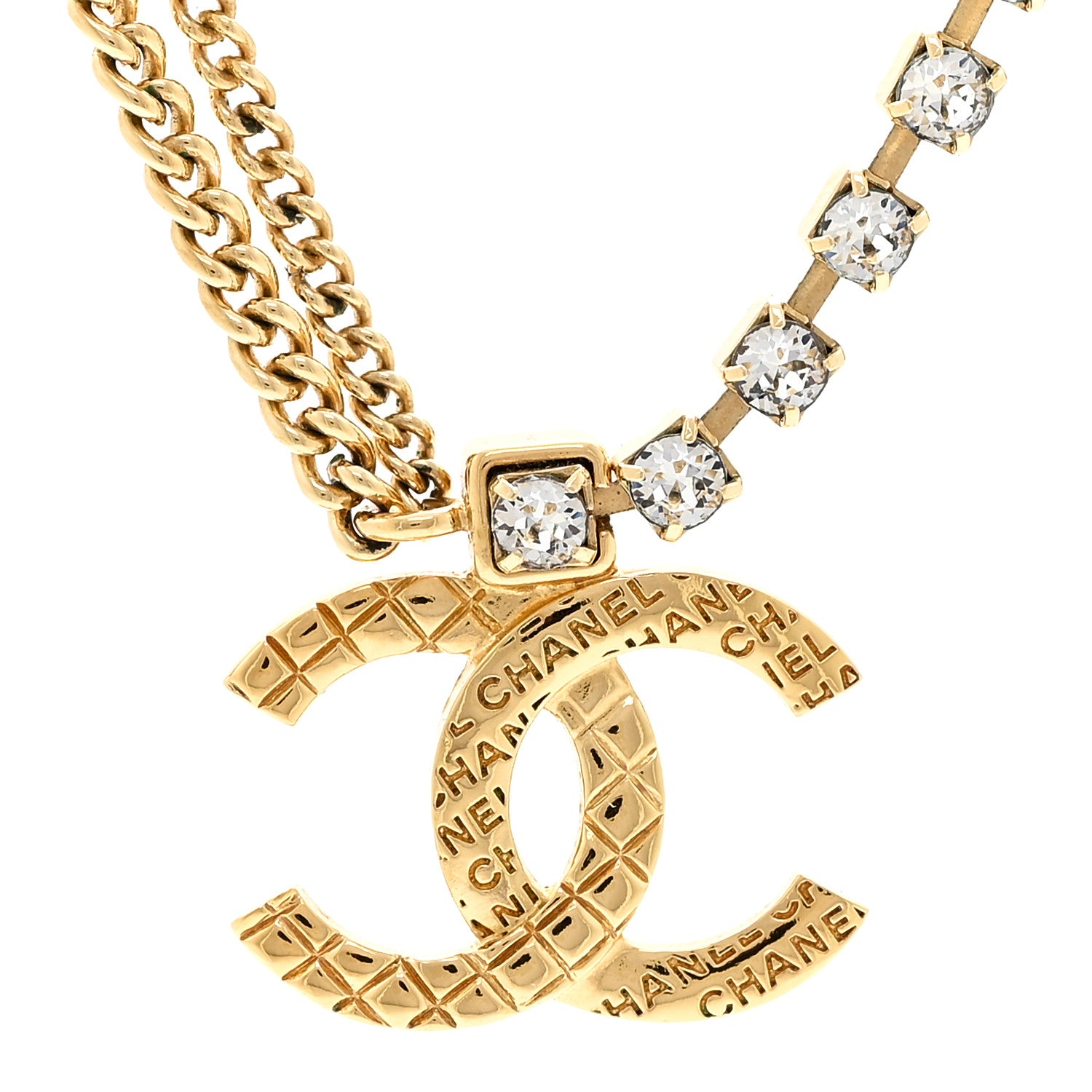 Chanel Metal Crystal Quilted CC Pendant Necklace Gold 4 of 6