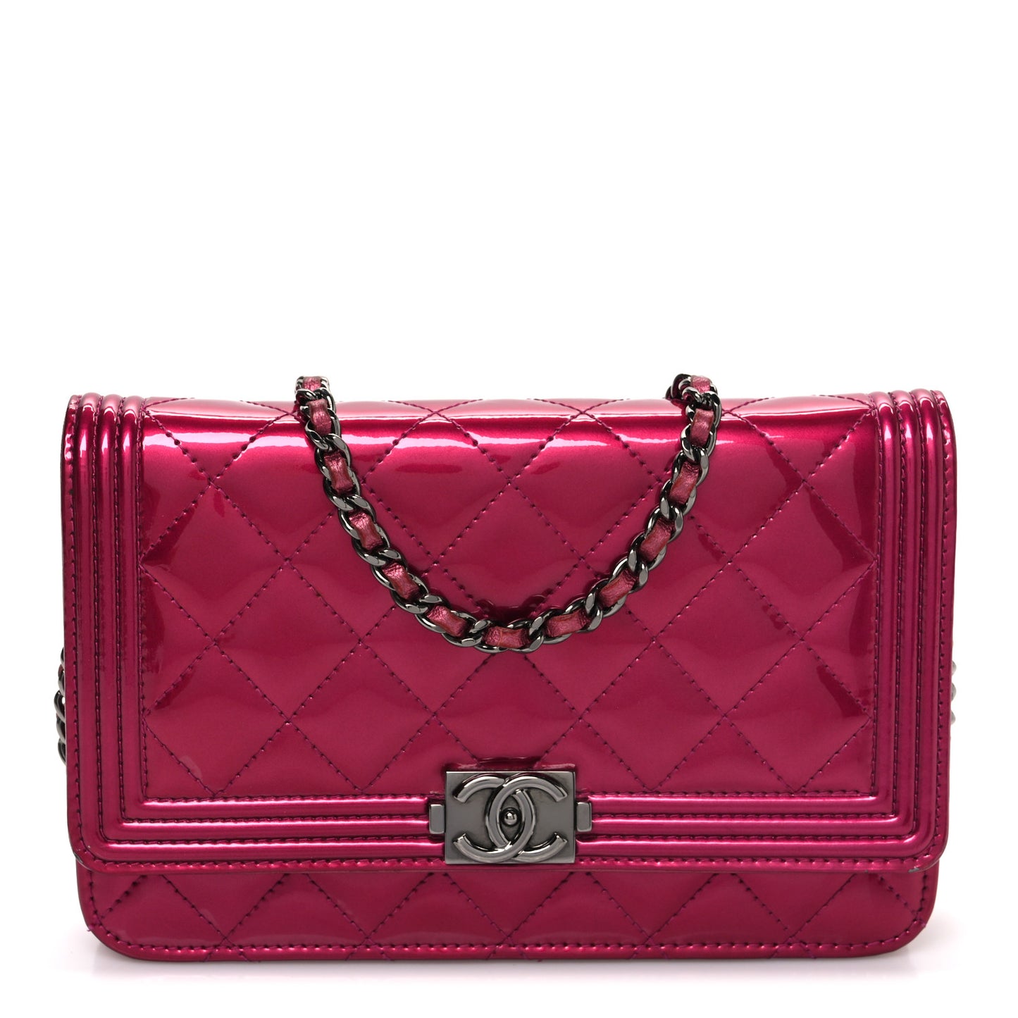Metallic Patent Calfskin Quilted Boy Wallet On Chain WOC Fuchsia