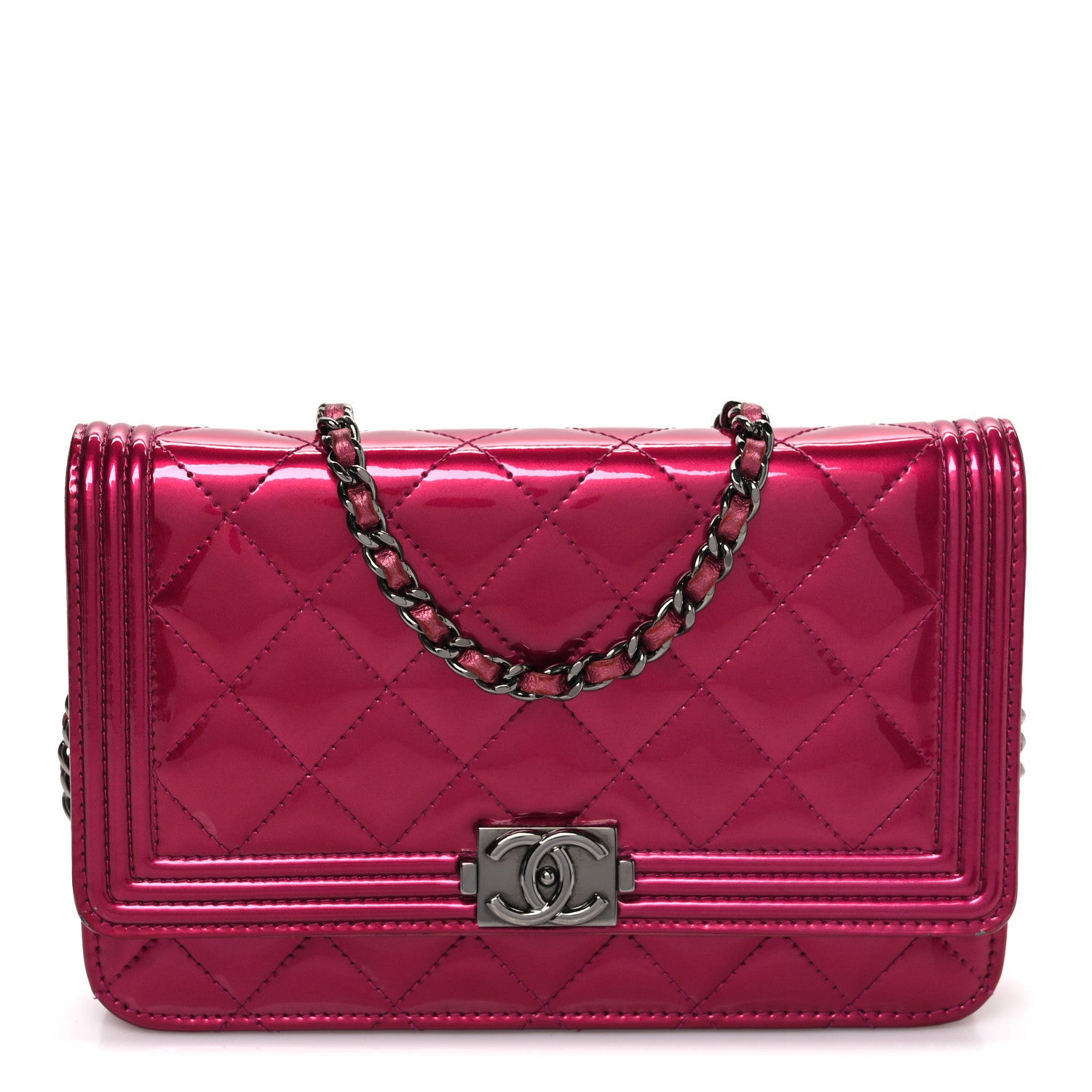 Chanel Metallic Patent Calfskin Quilted Boy Wallet On Chain WOC Fuchsia 1 of 13