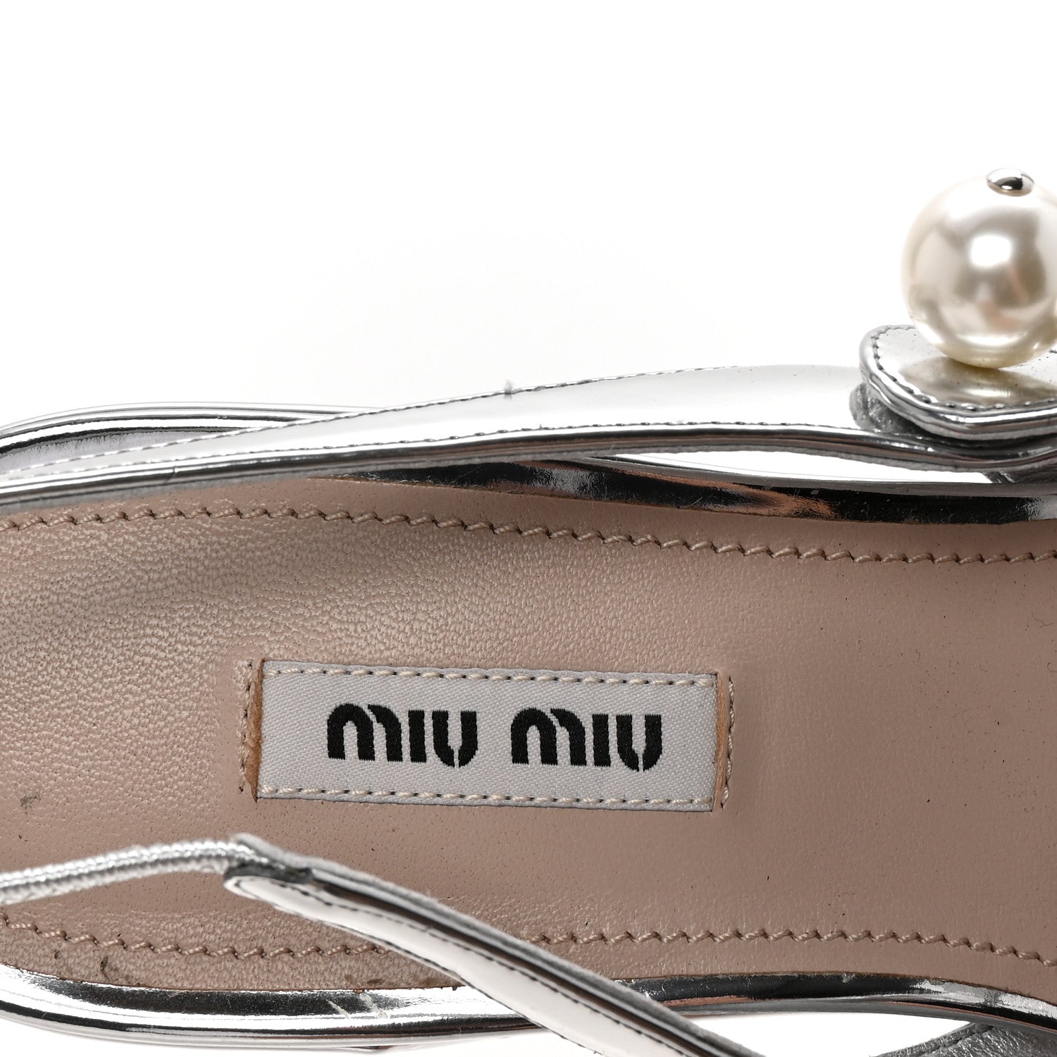 Miu Miu Metallic Patent Chain Pearl Slingback Pumps 36.5 Silver