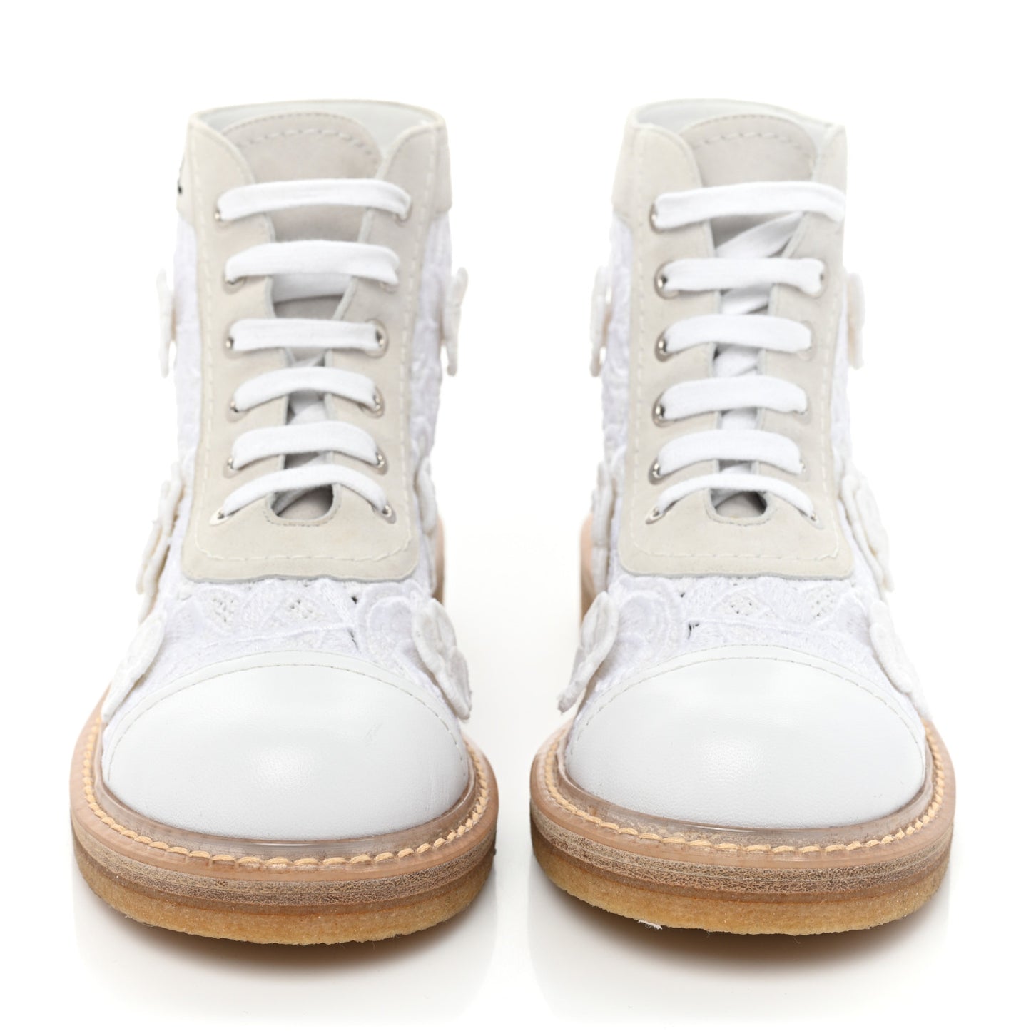 Embroidered Flower Calfskin Lace Up Boots 36 White