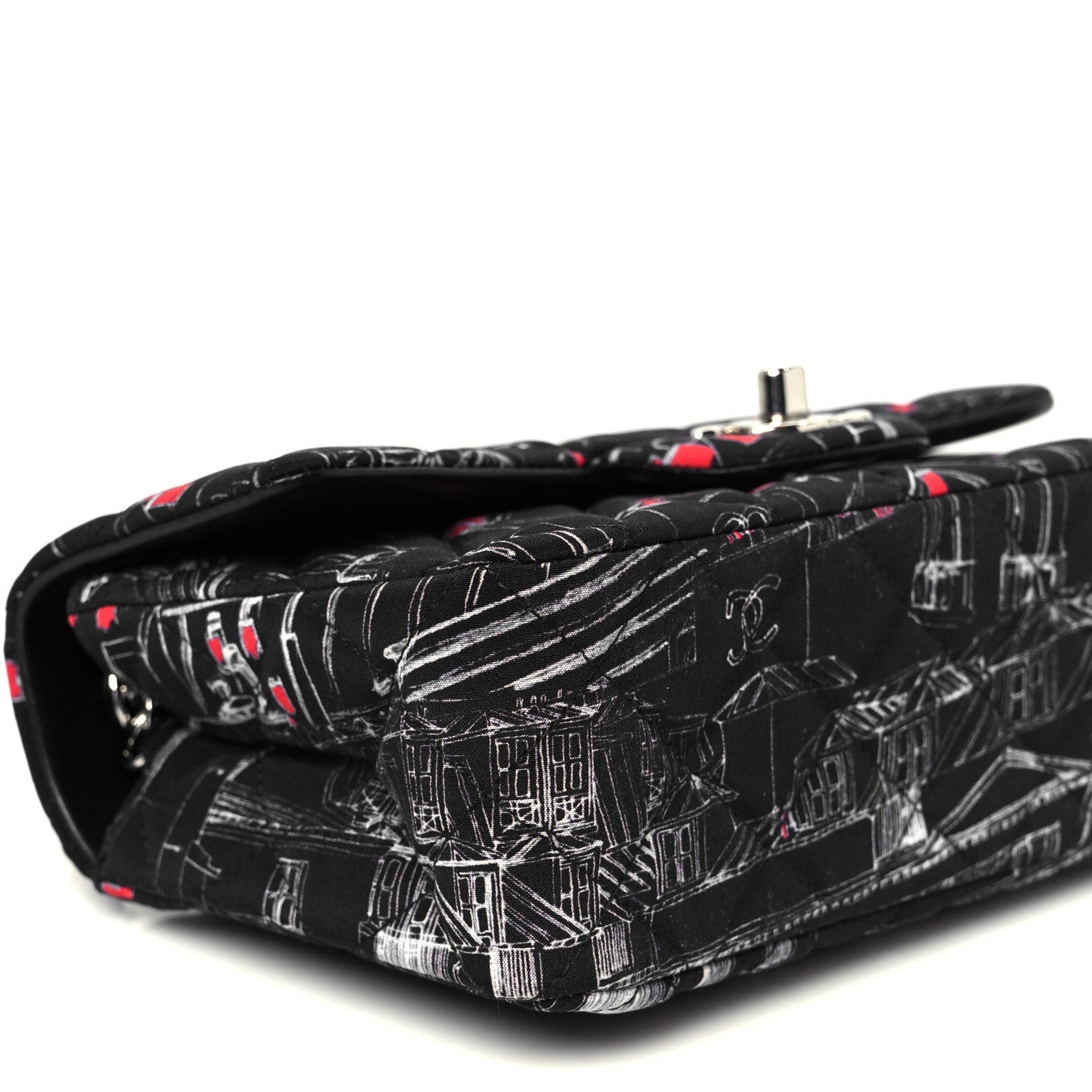 Chanel Fabric Printed Paris Rooftops Quilted Mini Rectangular Flap Black Red White 10 of 11