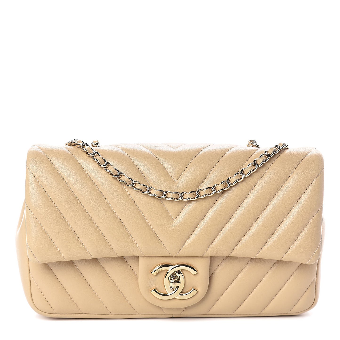 Lambskin Chevron Quilted Small Single Flap Light Beige