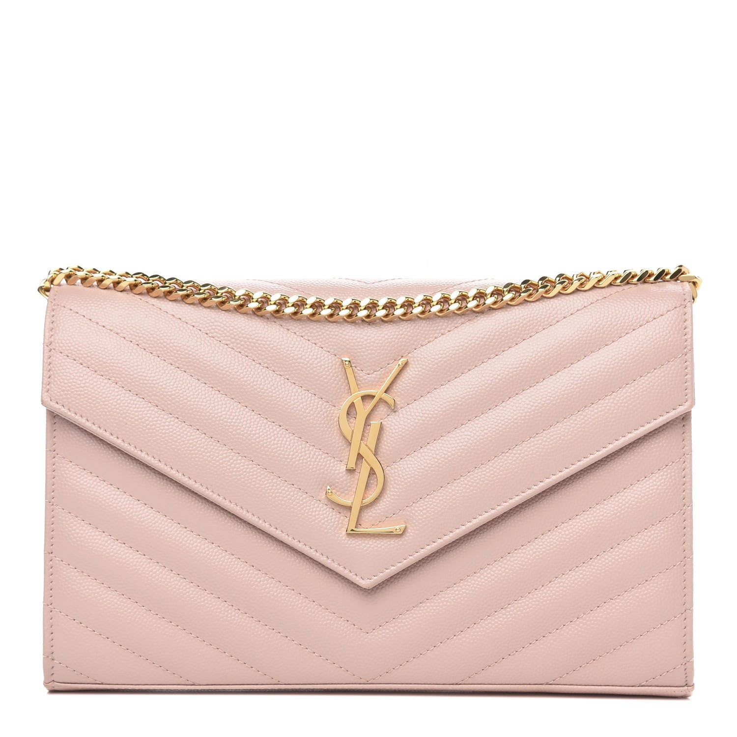 Saint Laurent Grain De Poudre Matelasse Chevron Monogram Chain Wallet Pale Blush 1 of 9
