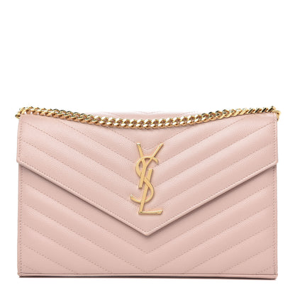 Saint Laurent Grain De Poudre Matelasse Chevron Monogram Chain Wallet Pale Blush 1 of 9