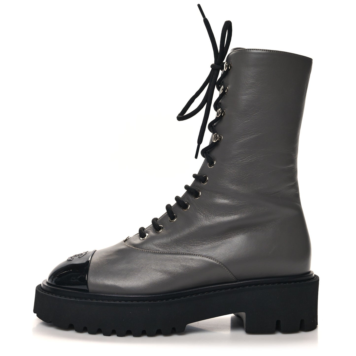 Crumpled Calfskin Patent Cap Toe Lace Up Combat Boots 40 Dark Grey Black