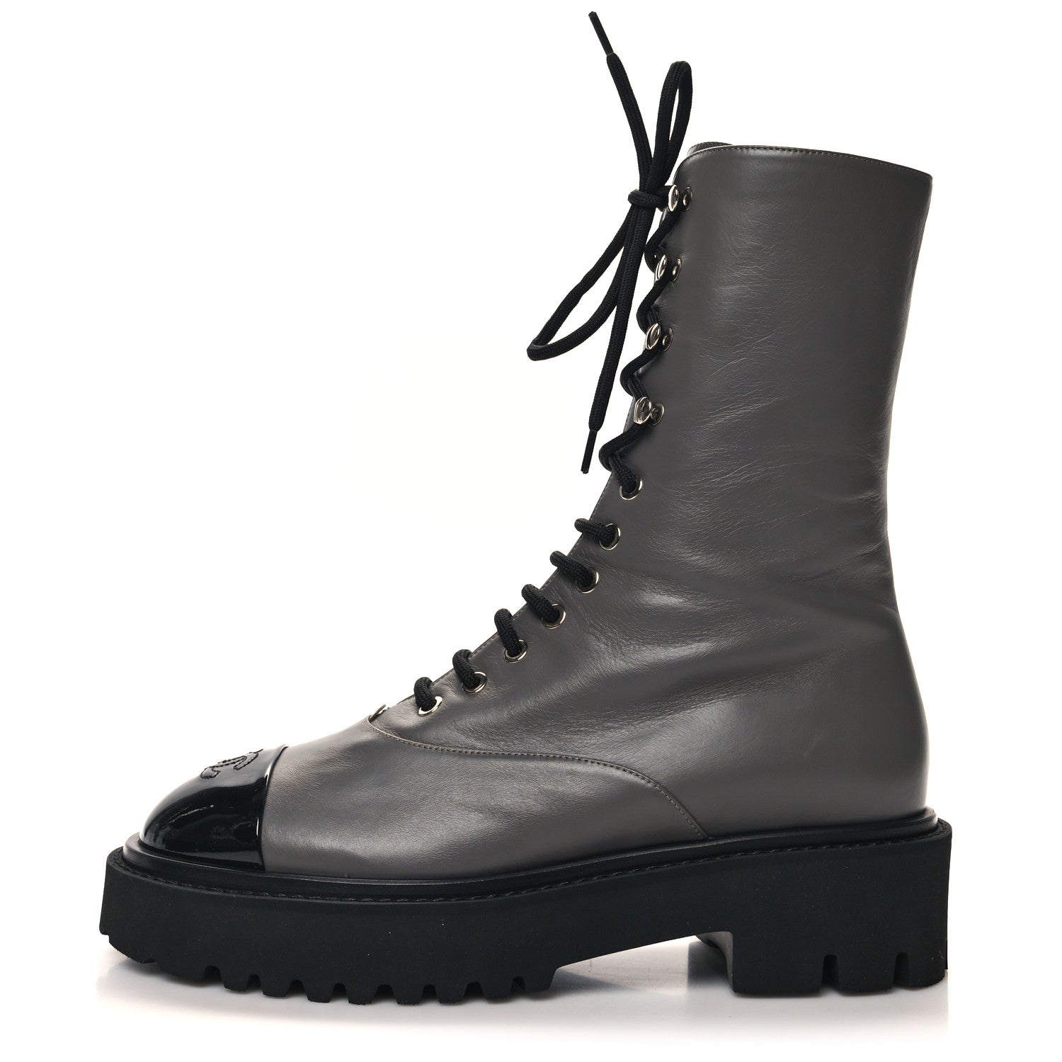 Chanel Crumpled Calfskin Patent Cap Toe Lace Up Combat Boots 40 Dark Grey Black 1 of 9