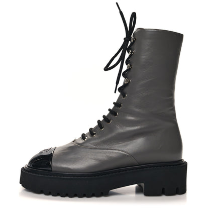 Chanel Crumpled Calfskin Patent Cap Toe Lace Up Combat Boots 40 Dark Grey Black 1 of 9