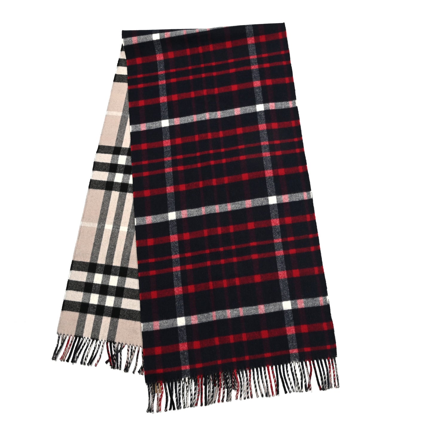 Wool Cashmere Giant Check Fringe Scarf Beige Navy