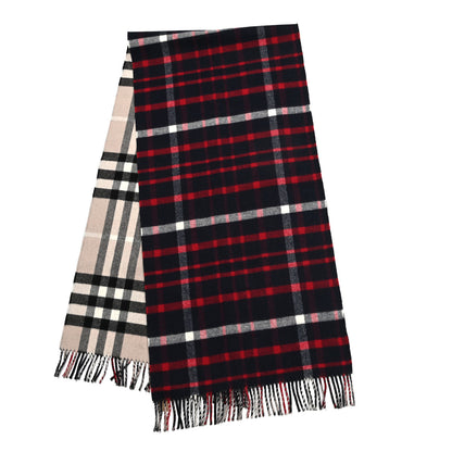 Burberry Wool Cashmere Giant Check Fringe Scarf Beige Navy 2 of 4