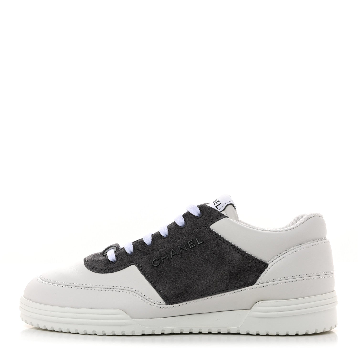 Chanel Calfskin Suede Calfskin Logo Womens Sneakers 37.5 White Gray 1 of 9