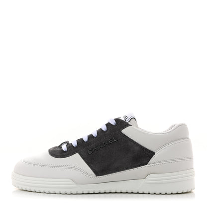 Chanel Calfskin Suede Calfskin Logo Womens Sneakers 37.5 White Gray 1 of 9