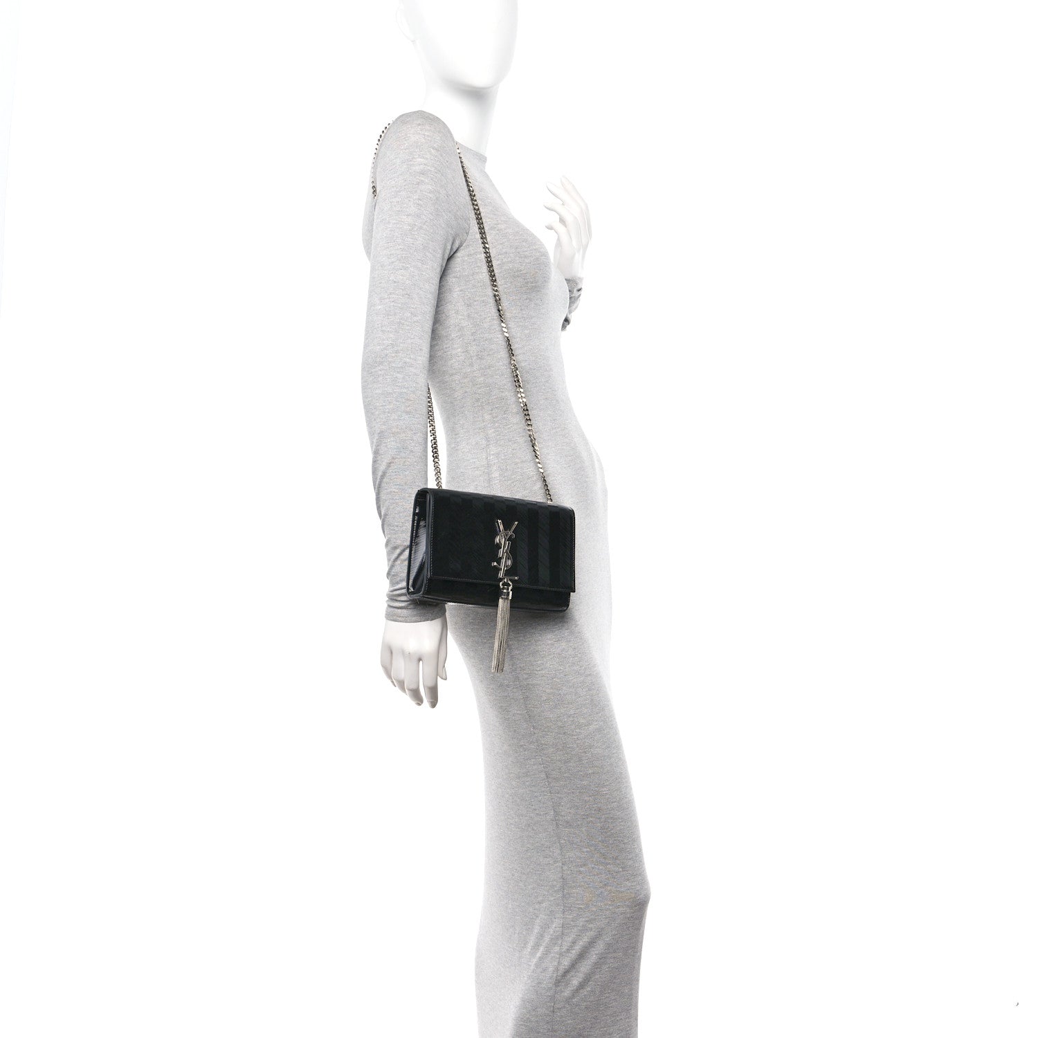 Saint Laurent Patent Textured Striped Small Classic Monogram Kate Tassel Satchel Black 2 of 10