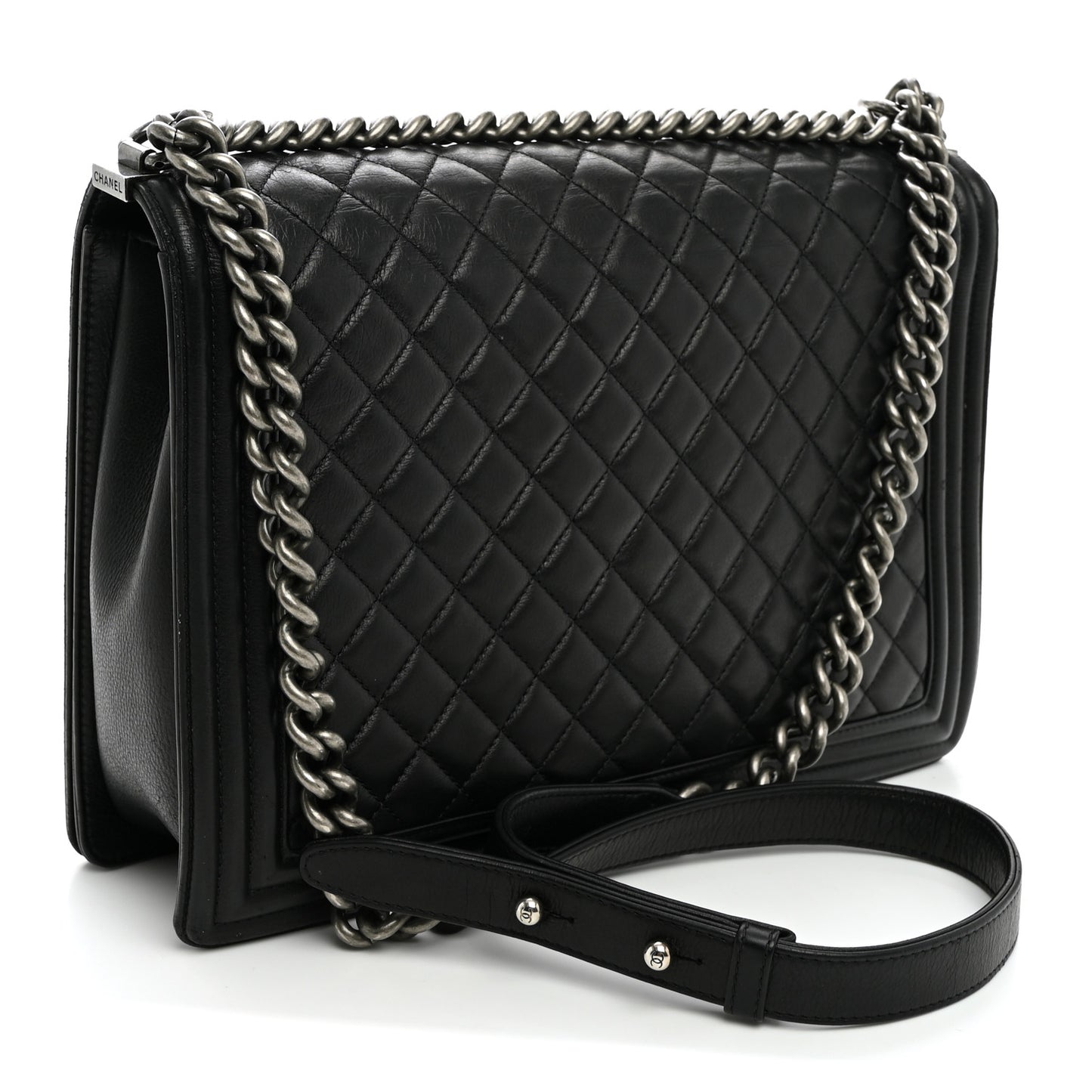 Calfskin Quilted Large Boy Flap Black