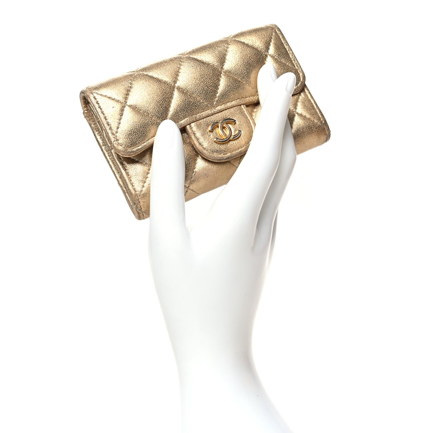 Metallic Lambskin Quilted Flap Card Holder Wallet Gold