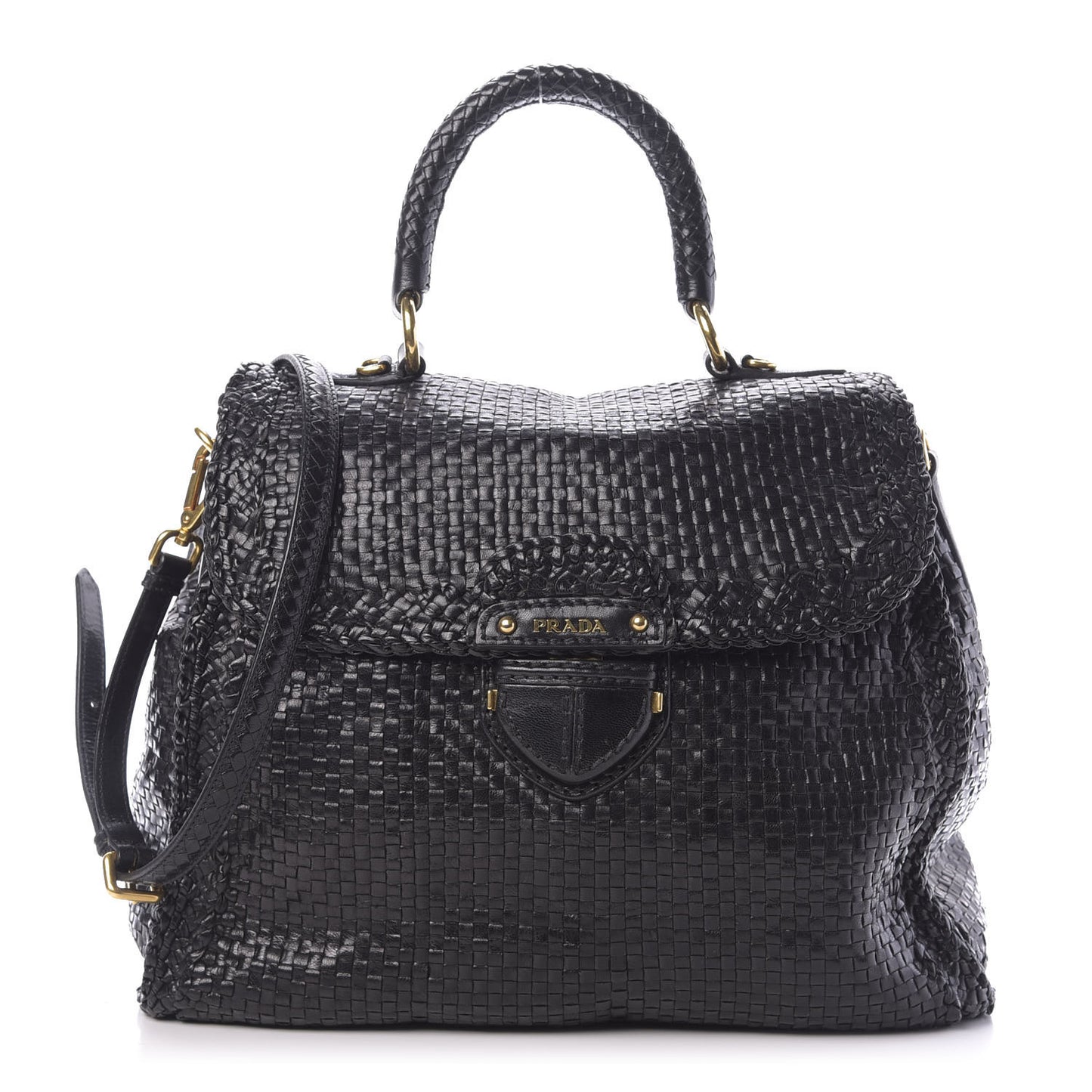Goatskin Woven Top Handle Satchel Black