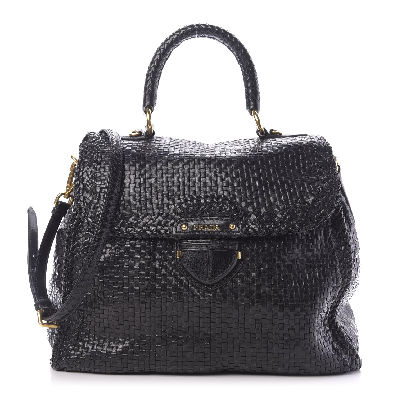 Prada Goatskin Woven Top Handle Satchel Black 1 of 14