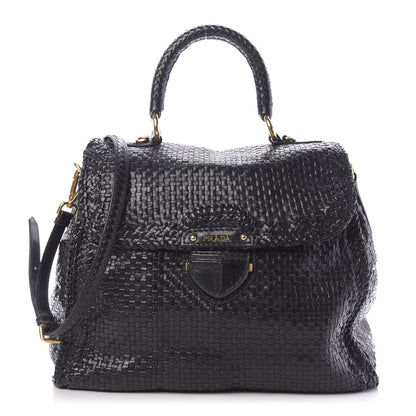 Prada Goatskin Woven Top Handle Satchel Black 1 of 14