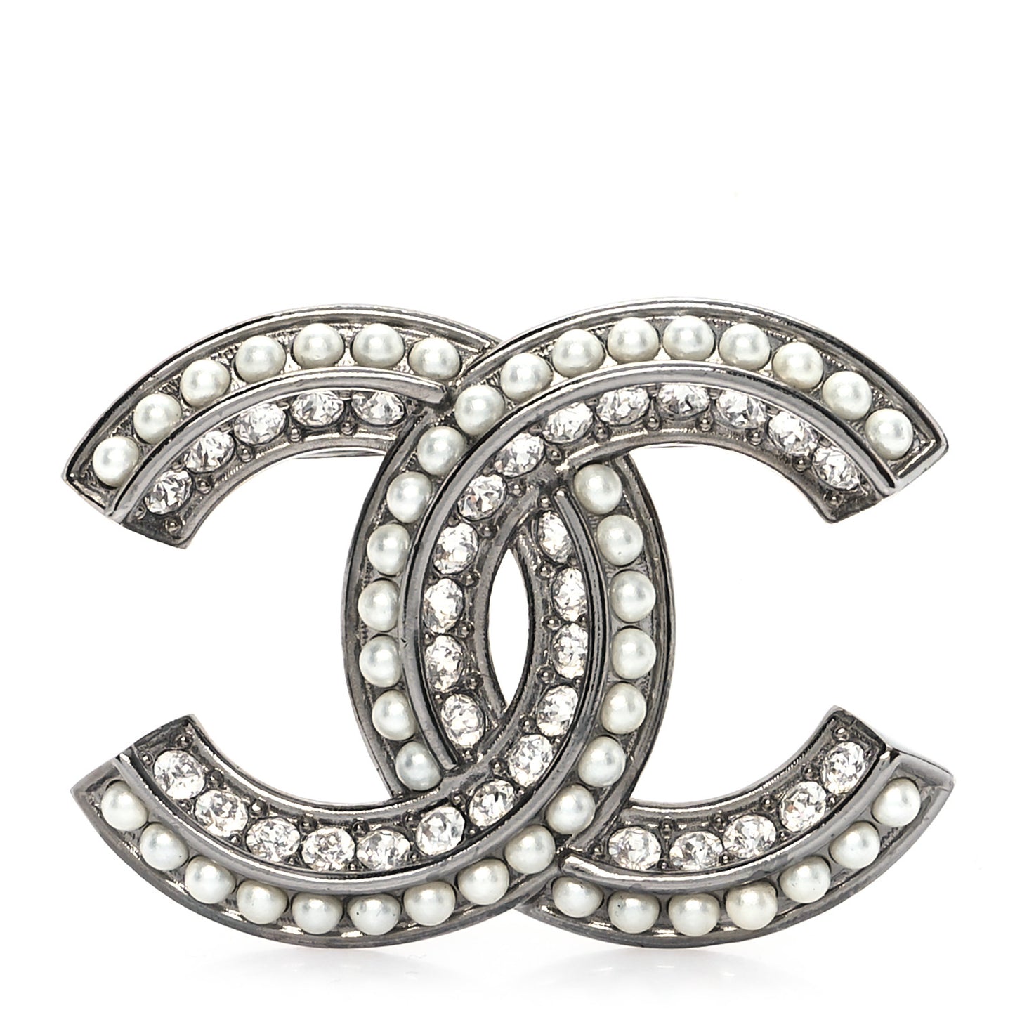 Pearl Crystal CC Brooch Silver