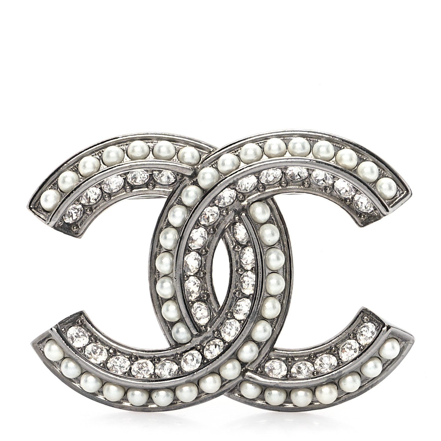 Chanel Pearl Crystal CC Brooch Silver 1 of 4