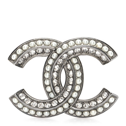 Chanel Pearl Crystal CC Brooch Silver 1 of 4