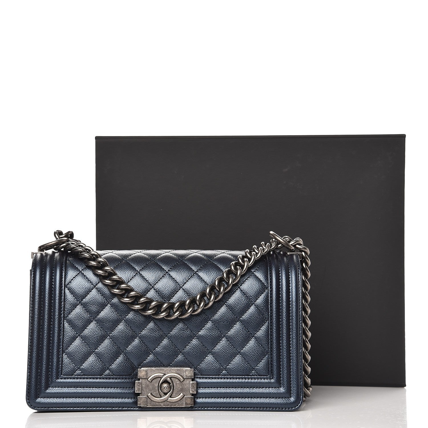 Chanel Metallic Caviar Quilted Medium Boy Flap Navy 9 of 9