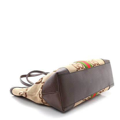 Gucci Monogram Jumbo GG Textured Dollar Calfskin Web Medium Ophidia Shopping Tote Camel Ebony 4 of 10