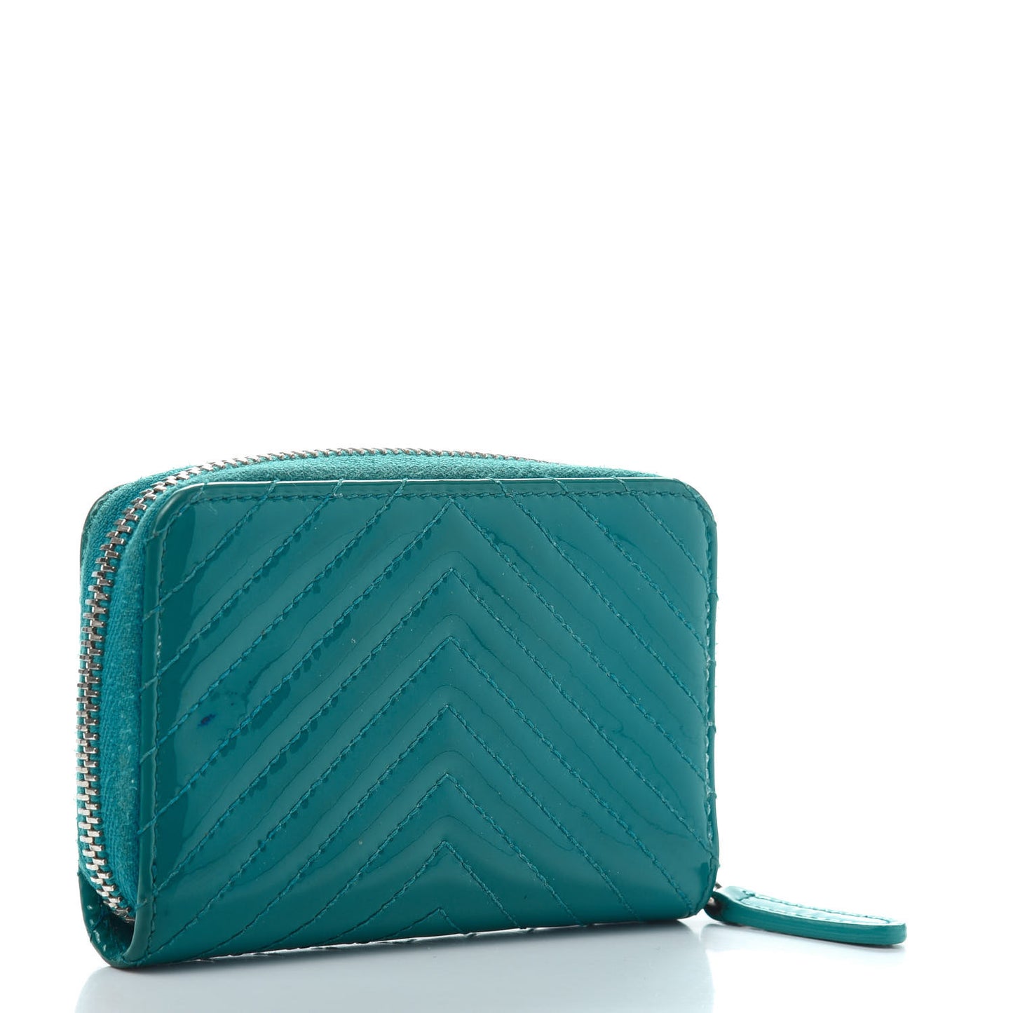 Patent Chevron Quilted Zip Around Coin Purse Turquoise