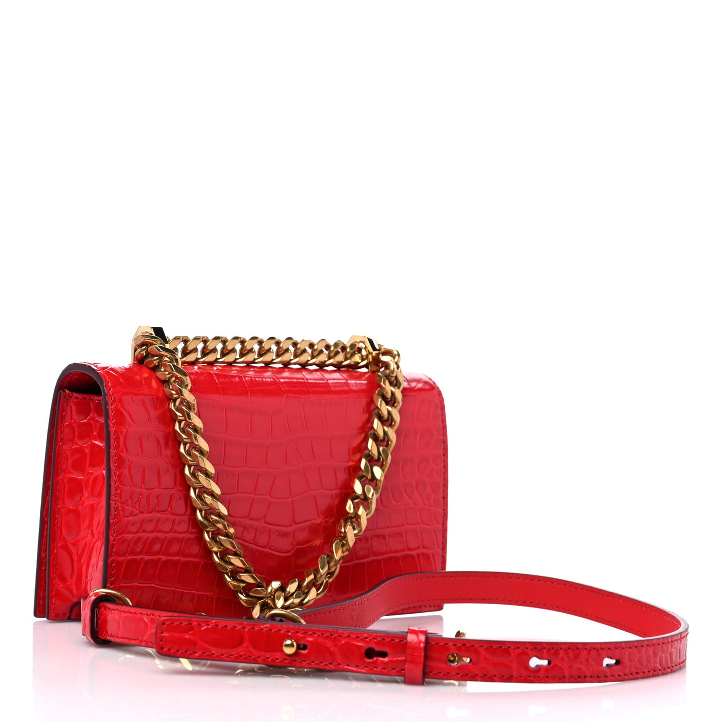 Calfskin Crocodile Embossed Mini Jeweled Satchel Red