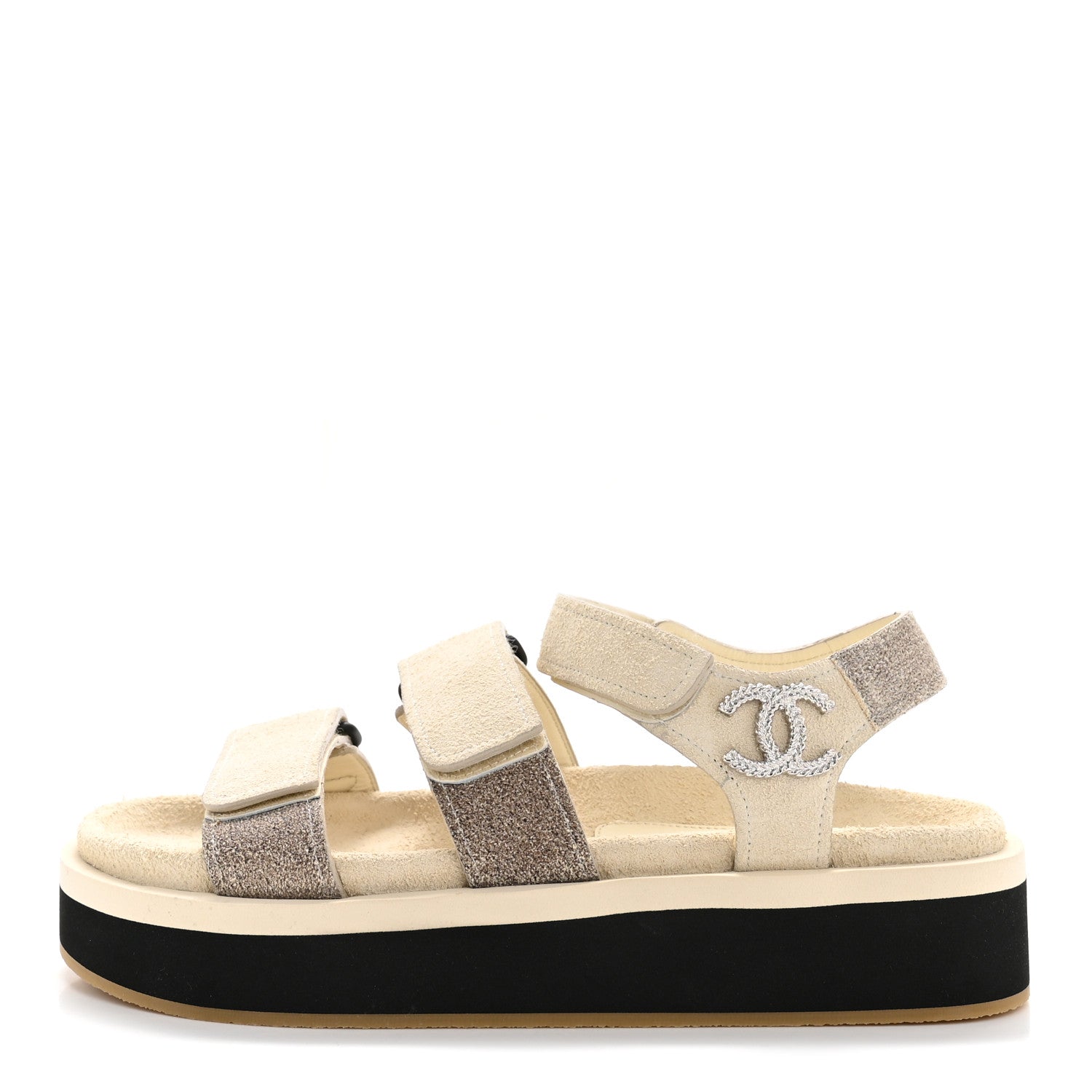 Chanel Suede Calfskin Velcro Flat Sandals 36 Ecru Dark Beige 1 of 20