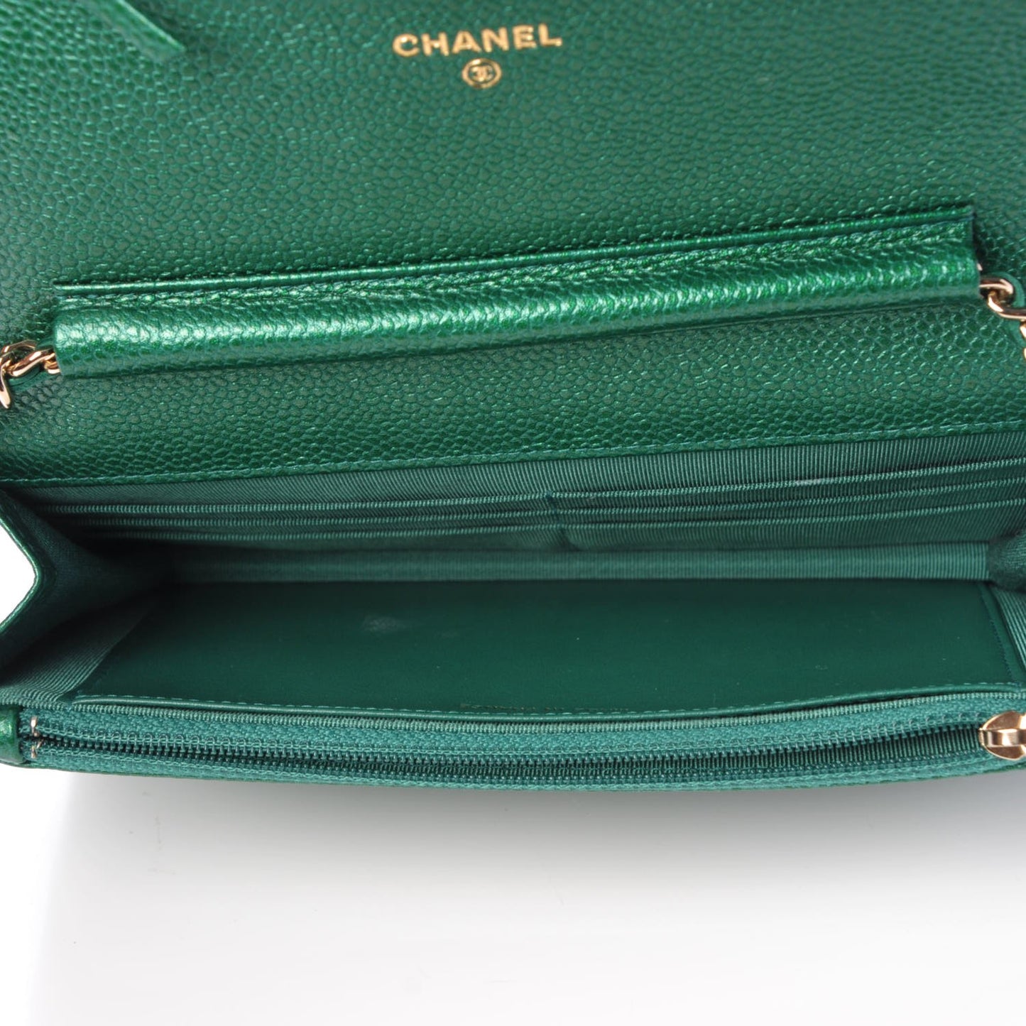 Metallic Caviar Quilted Wallet On Chain WOC Green